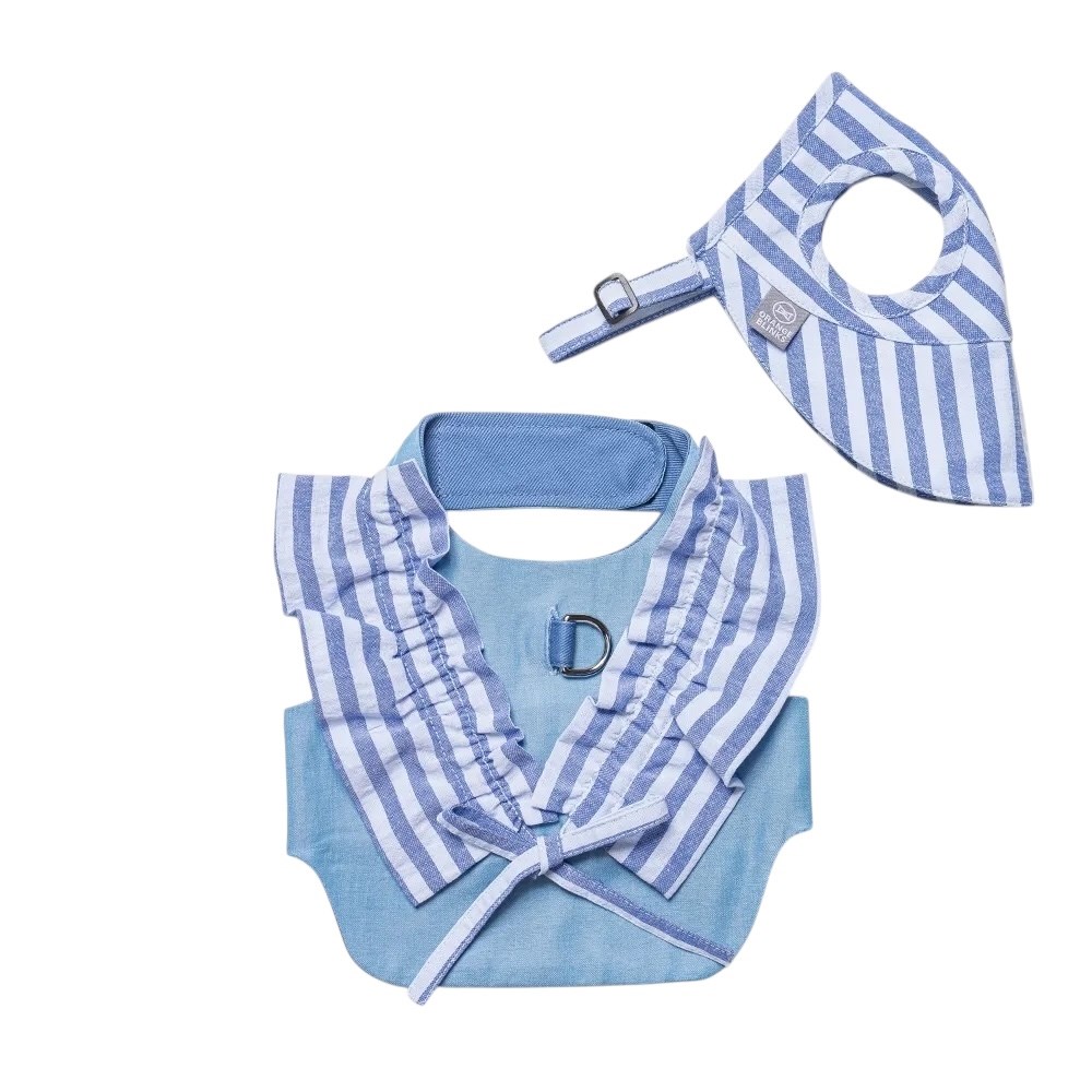 Orange Blinks  條紋系列 藍白條紋棉麻料  綁帶蝴蝶結 胸背衣+帽 