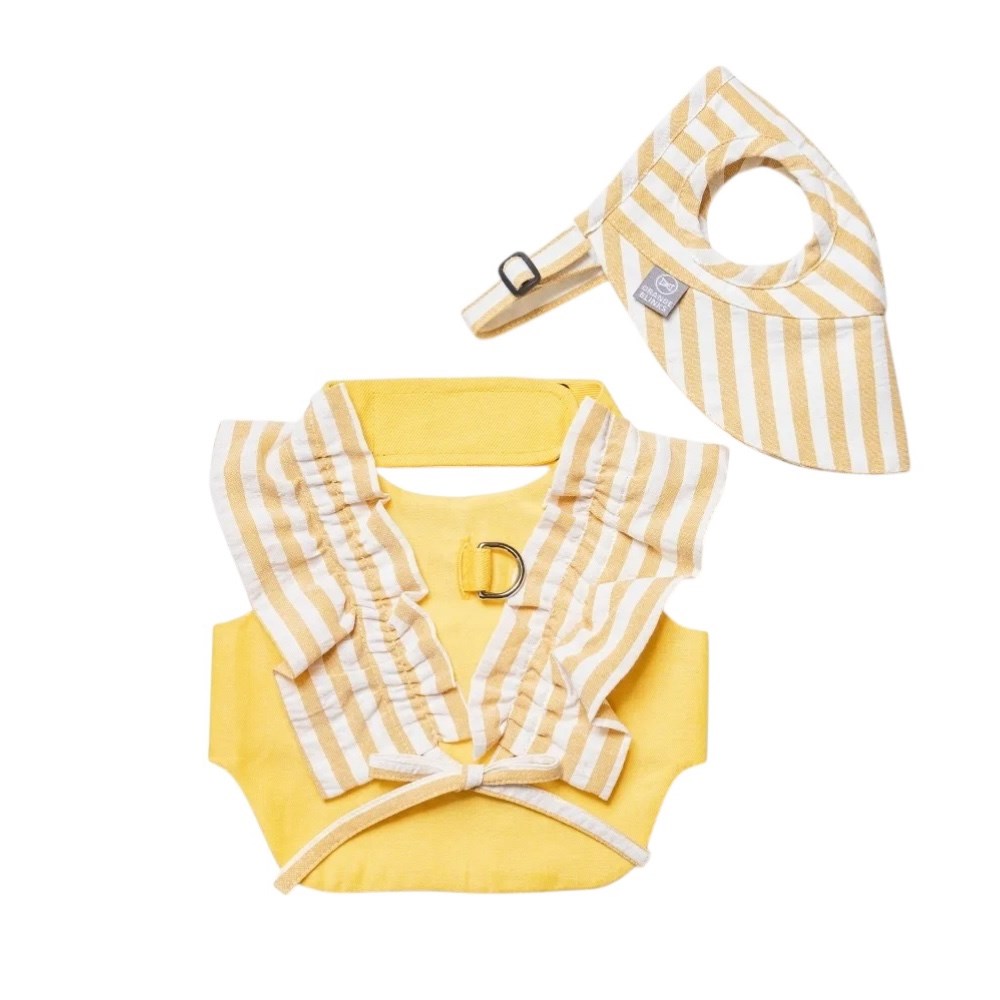 Orange Blinks  條紋系列 黃白條紋棉麻料  綁帶蝴蝶結 胸背衣+帽  